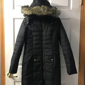 Xs express long coat with faux fur hood